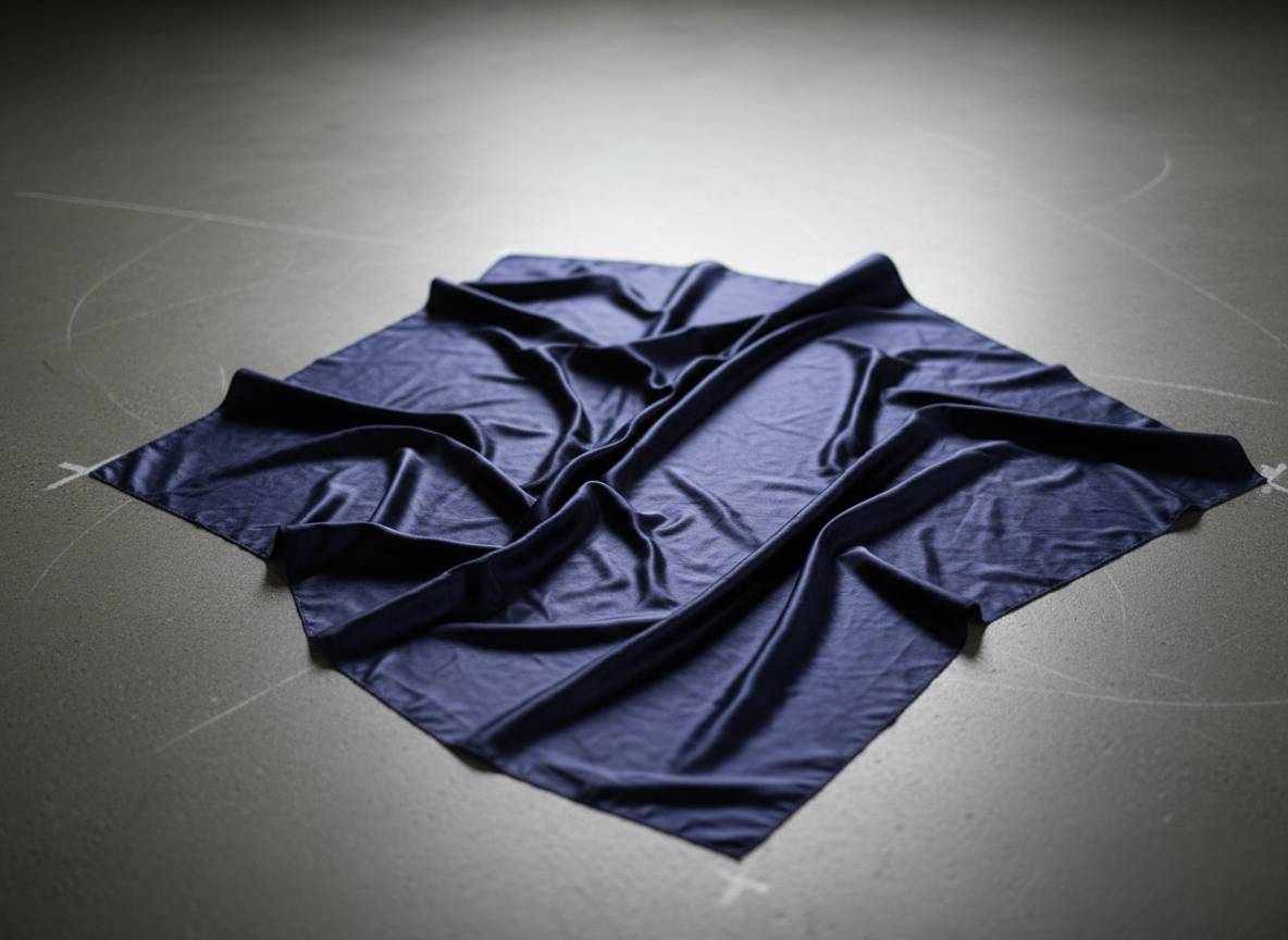 A close-up of a large, undulating piece of deep indigo silk fabric resting on a matte concrete floor, frozen mid-fold as if caught in the act of a slow, fluid movement. The silk’s surface shows intricate highlights and shadows, capturing every ripple and crease like a moving body. Around the edges, faint chalk lines and scuff marks on the concrete hint at rehearsal and repeated gestures. Soft, diffused studio lighting from above and one side creates a sculptural quality, emphasizing depth and form. Shot from a slightly elevated angle with shallow depth of field, the composition feels intimate and abstract, suggesting somatic motion without any figures, in a refined, photographic, contemporary art style.