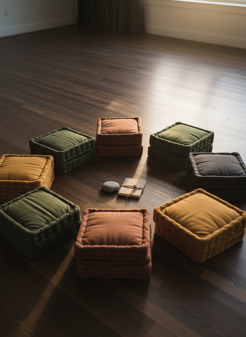 A circle of worn, stacked cushions in muted earth tones—moss green, clay, charcoal, and ochre—rests on a dark wooden studio floor, each cushion slightly compressed as if imprinted by recent presence. In the center of the circle lies a single smooth river stone and a small notebook closed with a fabric tie, suggesting quiet reflection and research. Warm late-afternoon light slants in through an unseen high window, creating elongated, soft-edged shadows and a golden halo on the central objects. Captured from a gently elevated, overhead angle with sharp focus throughout, the image feels intimate, grounded, and quietly radical, embodying collective somatic inquiry in clean, photographic realism with a sophisticated, minimal atmosphere.
