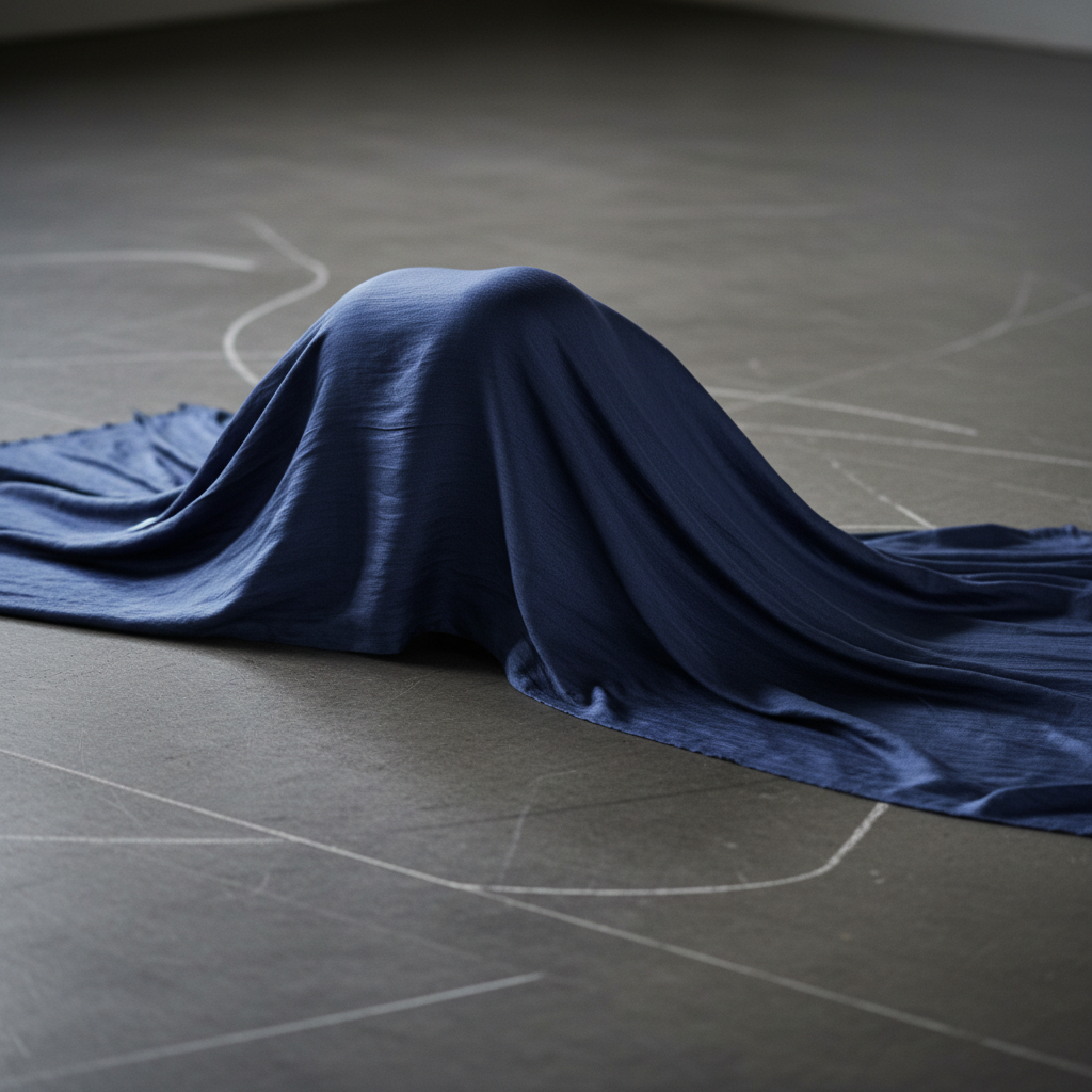 A close-up of a large, undulating piece of deep indigo silk fabric resting on a matte concrete floor, frozen mid-fold as if caught in the act of a slow, fluid movement. The silk’s surface shows intricate highlights and shadows, capturing every ripple and crease like a moving body. Around the edges, faint chalk lines and scuff marks on the concrete hint at rehearsal and repeated gestures. Soft, diffused studio lighting from above and one side creates a sculptural quality, emphasizing depth and form. Shot from a slightly elevated angle with shallow depth of field, the composition feels intimate and abstract, suggesting somatic motion without any figures, in a refined, photographic, contemporary art style.