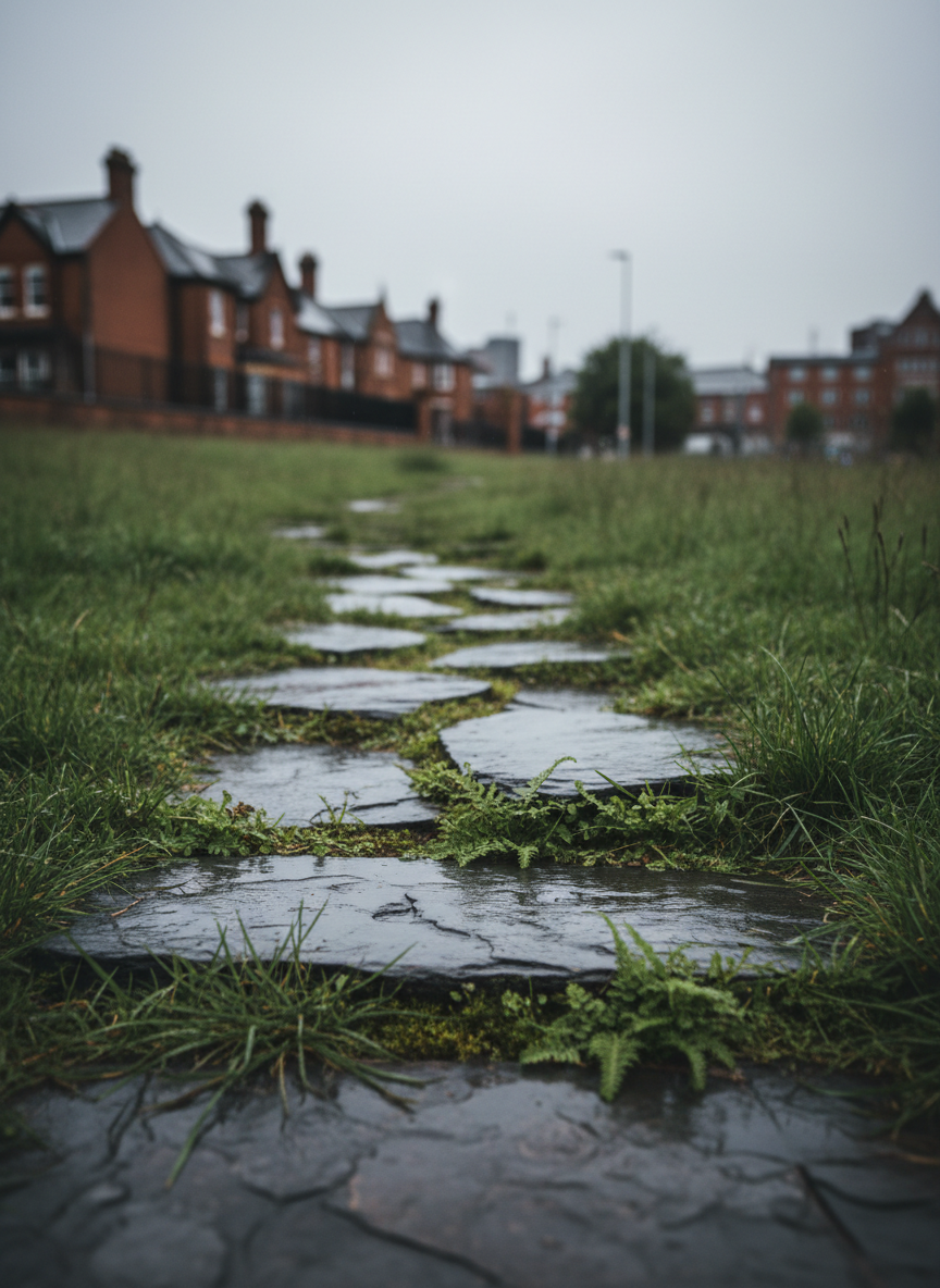 A weathered slate pathway weaving through lush, rain-damp grass in a Welsh urban park, the stones slightly uneven and glistening with recent drizzle. Between the slabs, tiny ferns and mosses emerge, blurring the boundary between built path and living ground. In the distance, out of focus, hints of brick buildings and a faint suggestion of Cardiff’s urban architecture ground the scene. Overcast sky creates soft, diffused lighting, saturating greens and greys and eliminating harsh shadows. Shot at ground level with a low, horizontal composition, the foreground stones are in sharp focus while the background softly recedes, evoking a somatic relation between human-made routes and non-human growth. The mood is reflective and understated, in poetic photographic realism.
