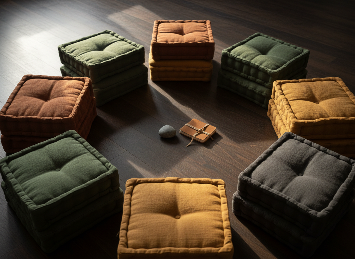 A circle of worn, stacked cushions in muted earth tones—moss green, clay, charcoal, and ochre—rests on a dark wooden studio floor, each cushion slightly compressed as if imprinted by recent presence. In the center of the circle lies a single smooth river stone and a small notebook closed with a fabric tie, suggesting quiet reflection and research. Warm late-afternoon light slants in through an unseen high window, creating elongated, soft-edged shadows and a golden halo on the central objects. Captured from a gently elevated, overhead angle with sharp focus throughout, the image feels intimate, grounded, and quietly radical, embodying collective somatic inquiry in clean, photographic realism with a sophisticated, minimal atmosphere.